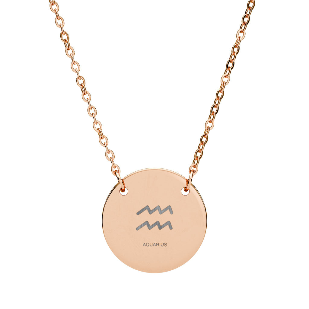 Engraved Circle Necklace — Zodiac Aquarius Symbol Pendant