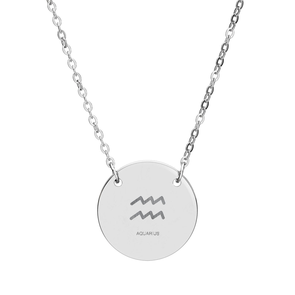 Engraved Circle Necklace — Zodiac Aquarius Symbol Pendant