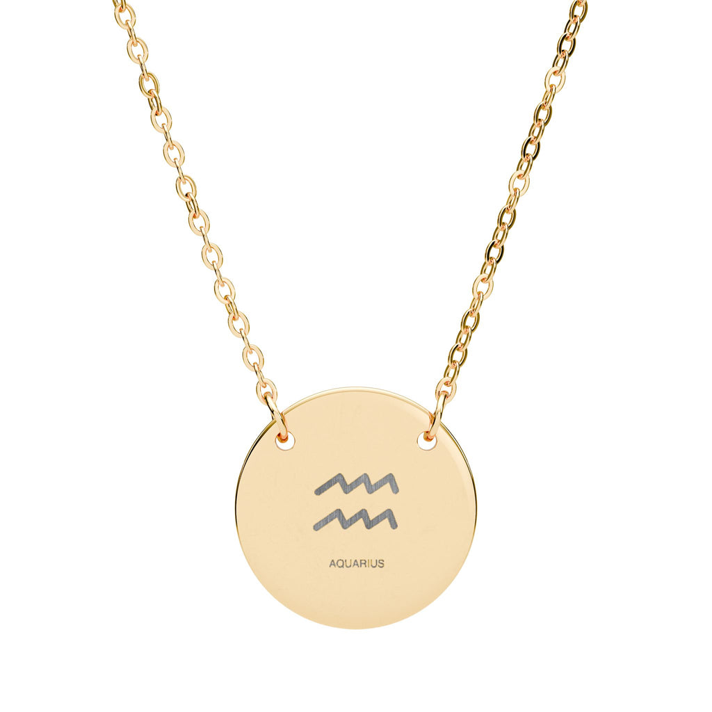 Engraved Circle Necklace — Zodiac Aquarius Symbol Pendant