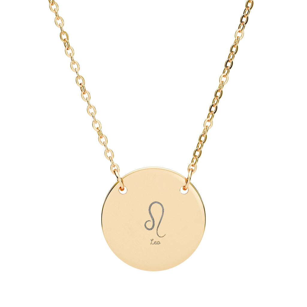 Engraved Circle Zodiac Necklace — Leo Symbol Pendant (Custom Engraving)