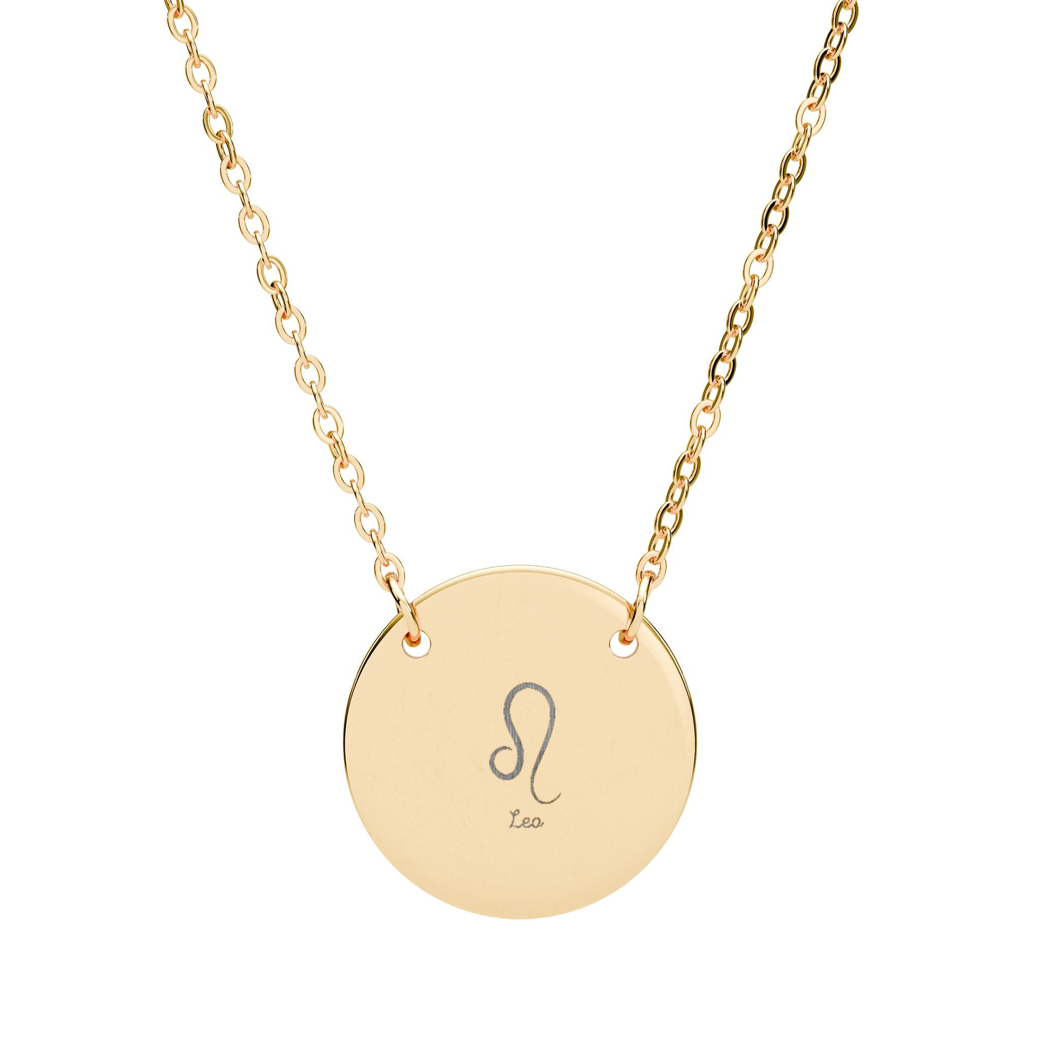 Engraved Circle Zodiac Necklace — Leo Symbol Pendant (Custom Engraving)